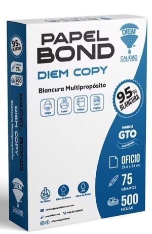 PAPEL BOND DIEM COPY TAMAÑO OFICIO AL 95% DE BLANCURA CON 500 HOJAS.
