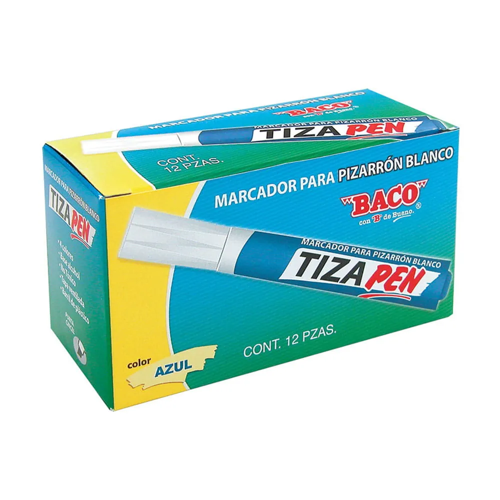 MARCADOR PARA PIZARRON BLANCO COLOR AZUL CON 12 PIEZAS TIZAPEN BACO