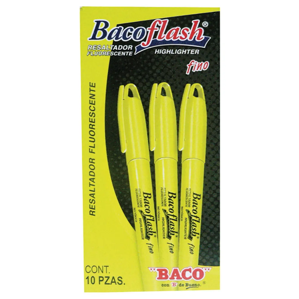 MARCADOR FLUORESCENTE AMARILLO CON 10 PIEZAS BACOFLASH PUNTO FINO 3.0 MM BACO