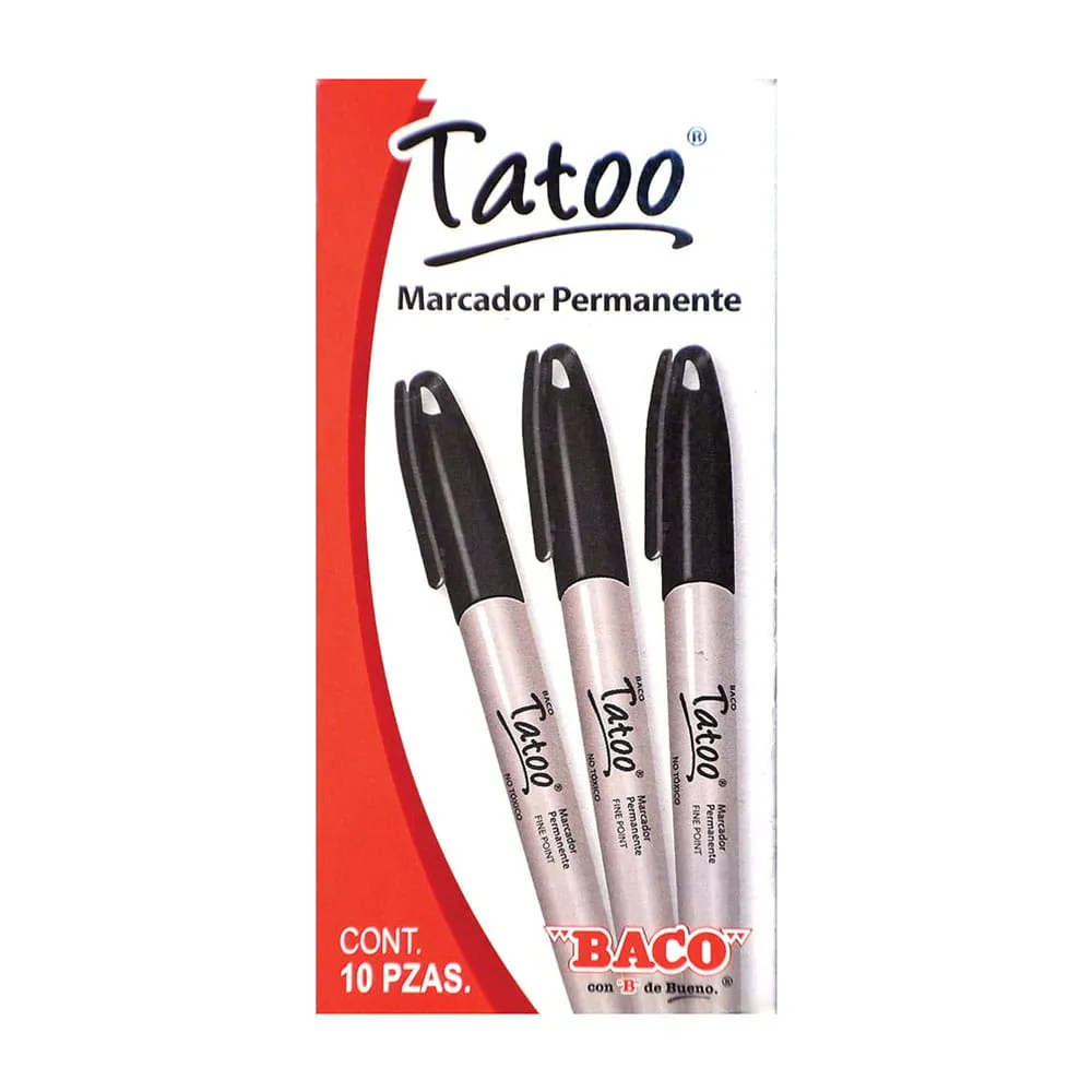MARCADOR PERMANENTE DELGADO NEGRO PUNTO FINO CON 10 PIEZAS TATOO BACO