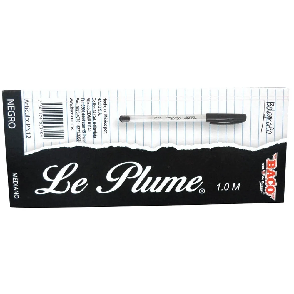 BOLIGRAFO PUNTO MEDIANO COLOR NEGRO CON 12 PIEZAS 1.0 MM BACO LE PLUME