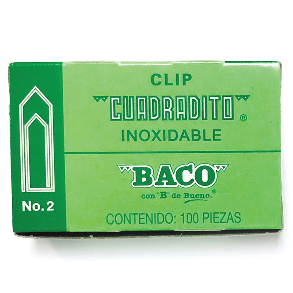 CLIP INOXIDABLE NIQUELADO CUADRADITO DEL No. 2 CON 100 PIEZAS BACO
