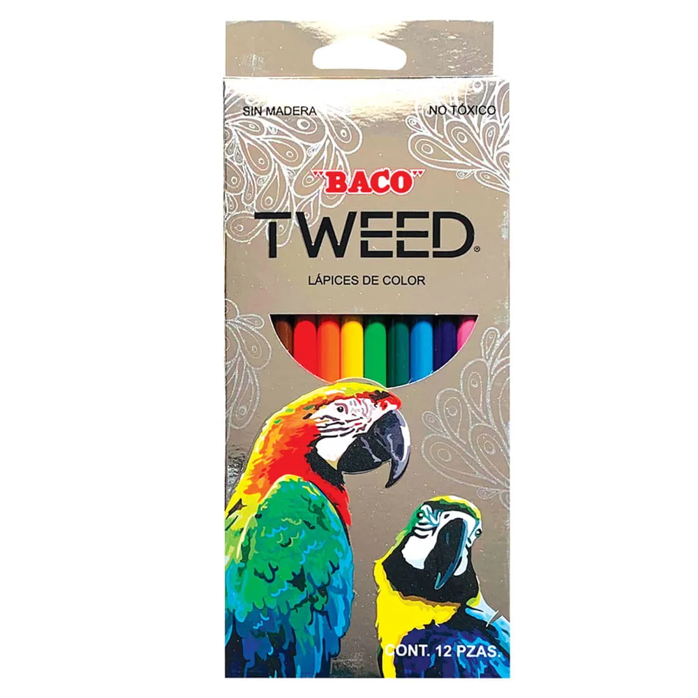 LAPICES DE COLORES REDONDOS LARGOS CAJA CON 12 PIEZAS PUNTA DE 4 MM BACO TWEED