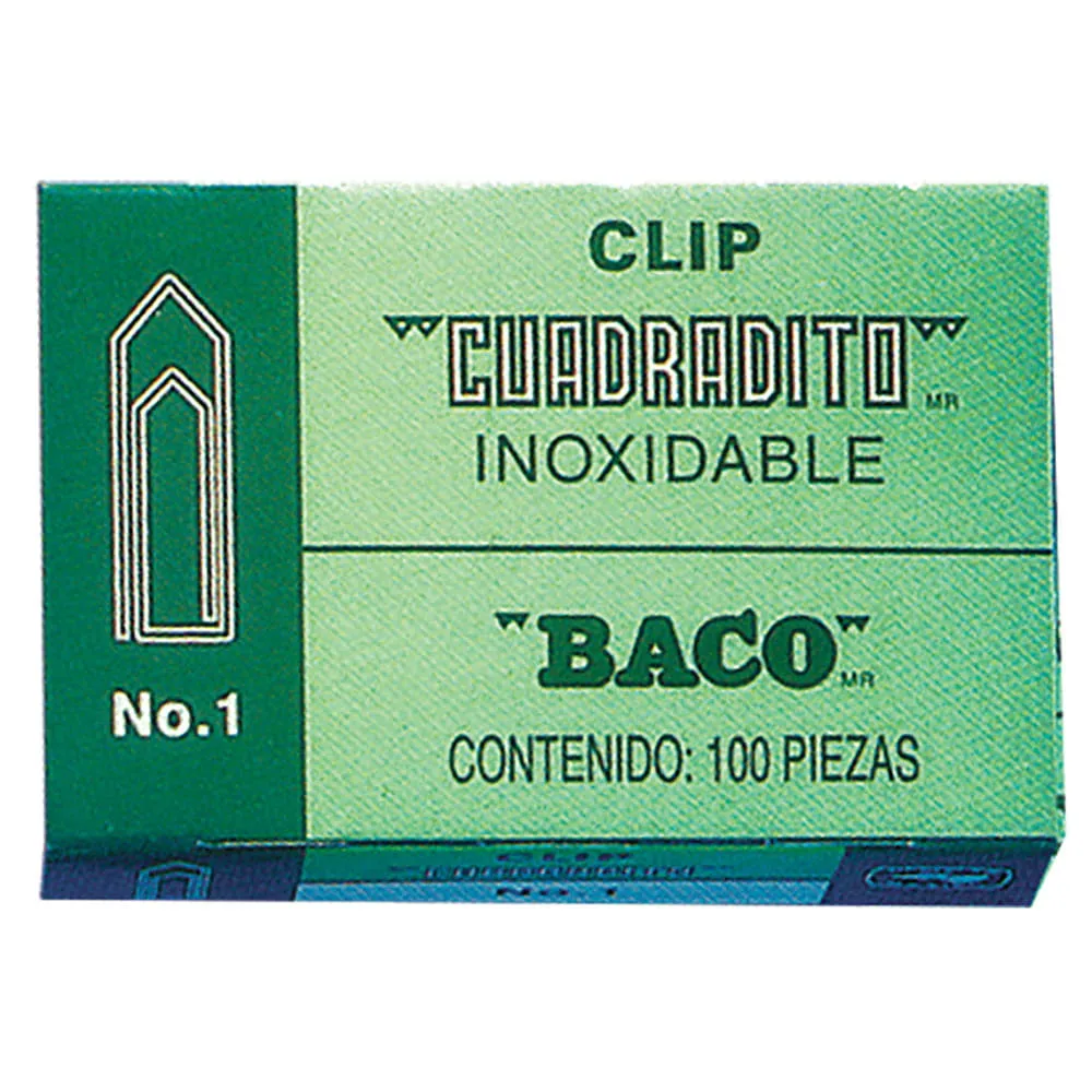 CLIP INOXIDABLE NIQUELADO CUADRADITO DEL No.1 CON 100 piezas BACO