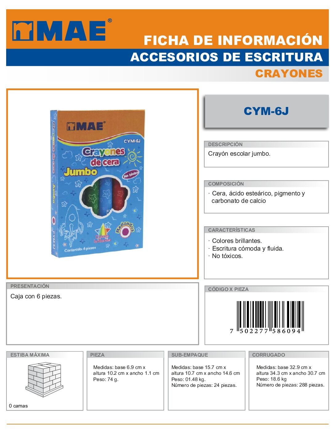 CRAYON JUMBO ESCOLAR CON 6 PIEZAS.