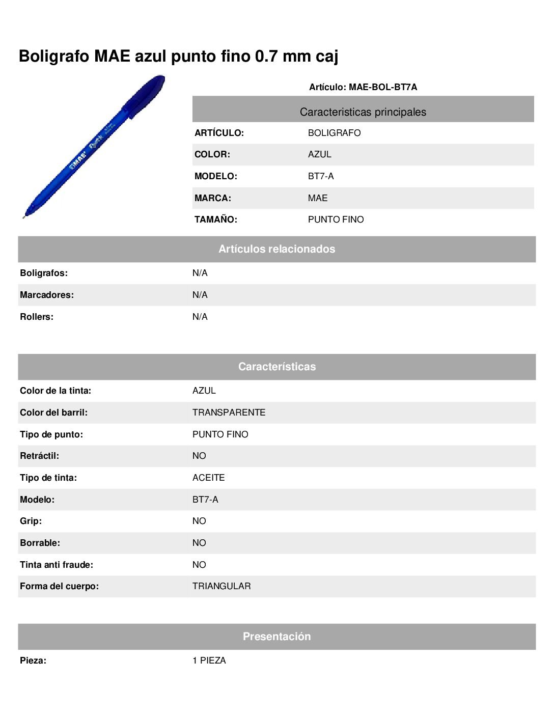 Boligrafo MAE azul punto fino 0.7 mm caja con 12 pz - Imagen 2