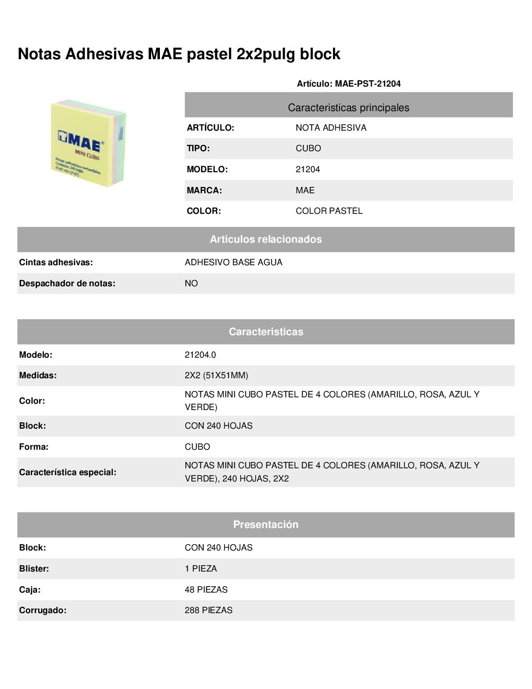 Notas Adhesivas MAE pastel 2x2pulg blockcon 240 hojas - Imagen 2