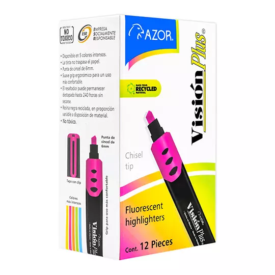 Resaltador de texto Vision Plus punta cincel 6 mm color rosa caja con 12 pzas