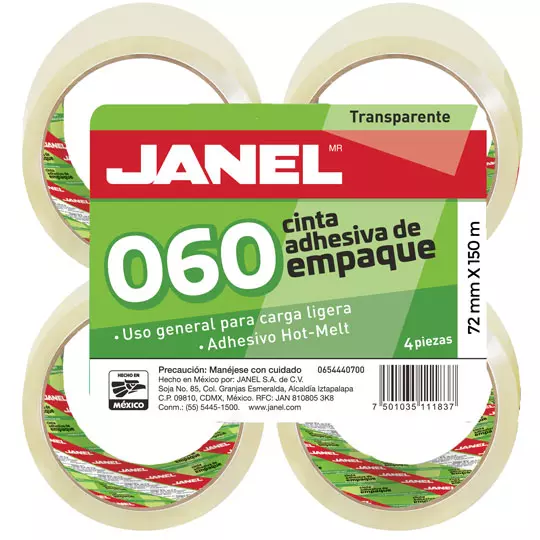 Cinta de empaque línea 060 hot Melt transparente JANEL 72mmx150m 4 piezas