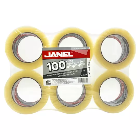 Cinta empaque línea 100 transparente JANEL 48x150 con 6 piezas