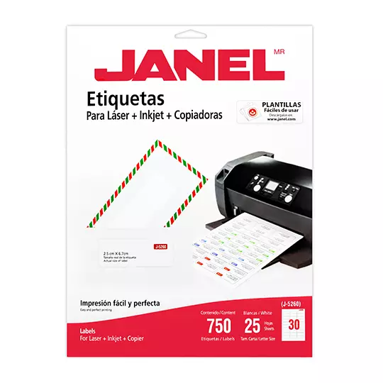 Etiqueta láser mod J-5260 blanca JANEL 25x67mm con 750 etiquetas